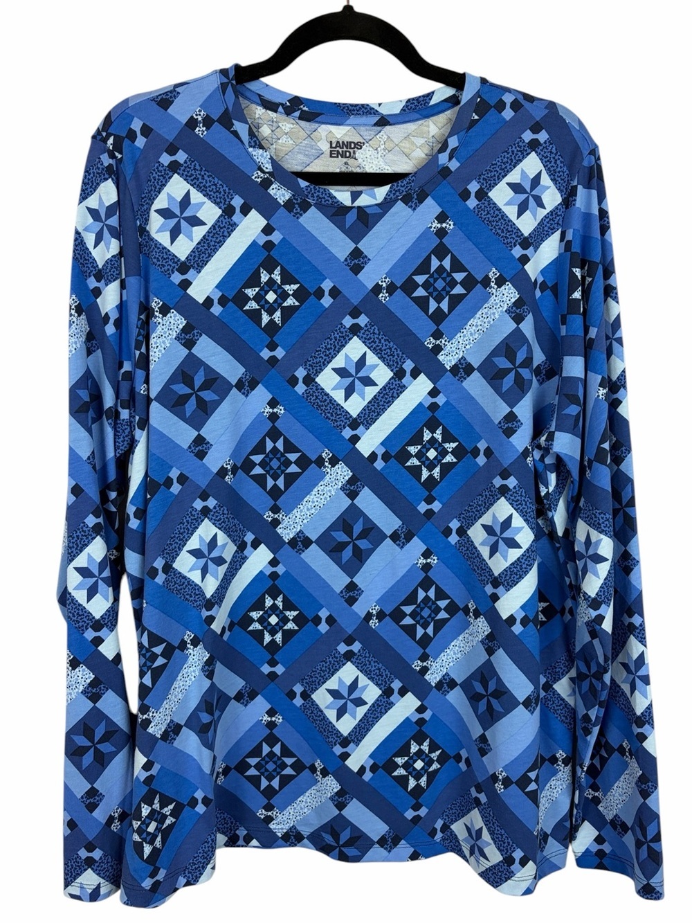 Lands’ End Blue Patchwork Quilt Print Long Sleeve Tee XL 100% Cotton